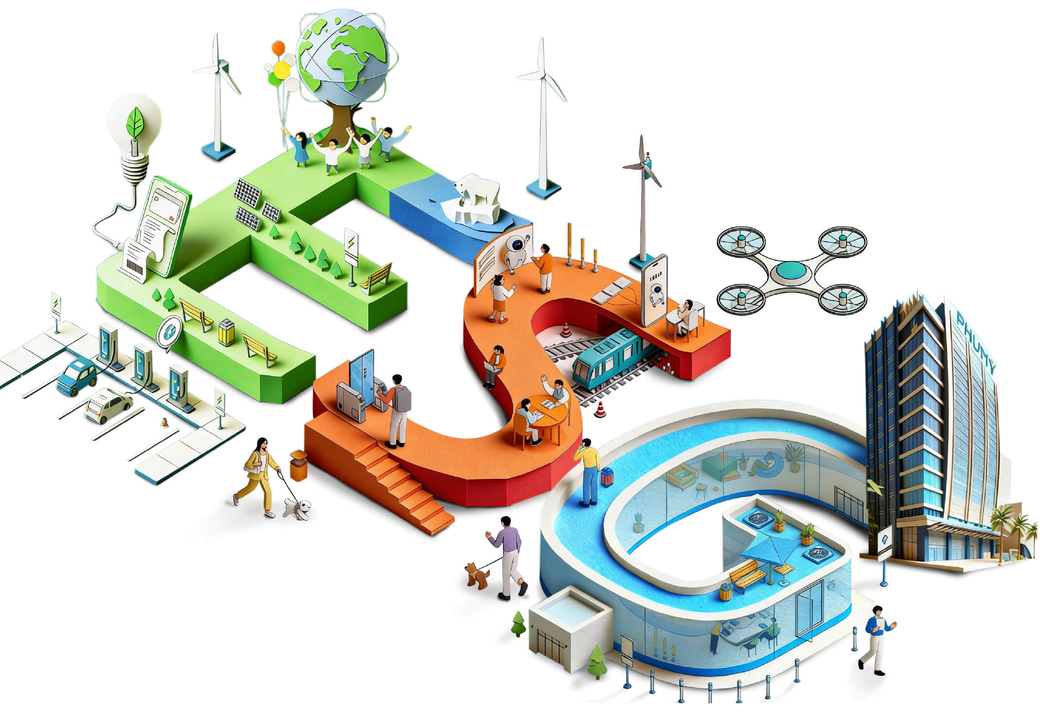 Minh họa mô hình ESG 3D với các biểu tượng năng lượng tái tạo, bảo vệ môi trường