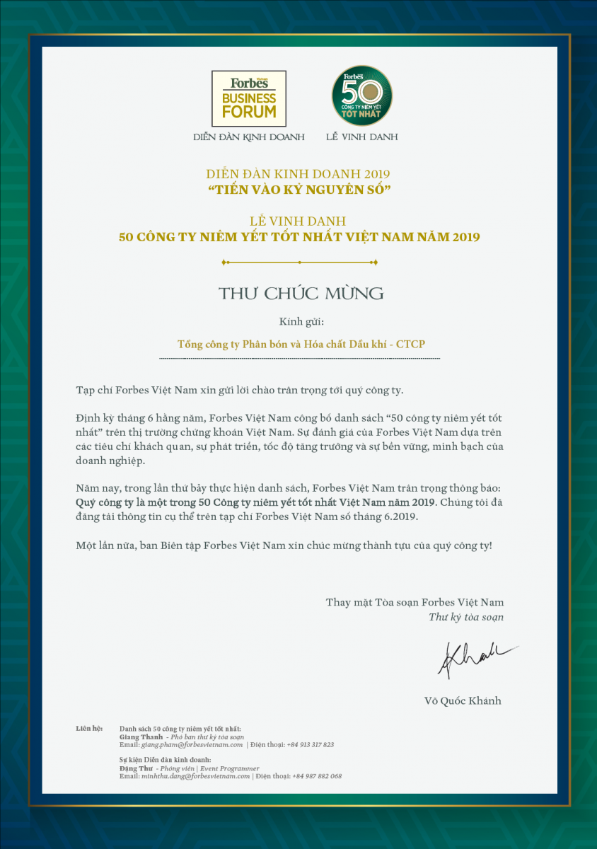Press Release: PVFCCo ranks as one of the 50 best listed companies in Vietnam for the 5th time